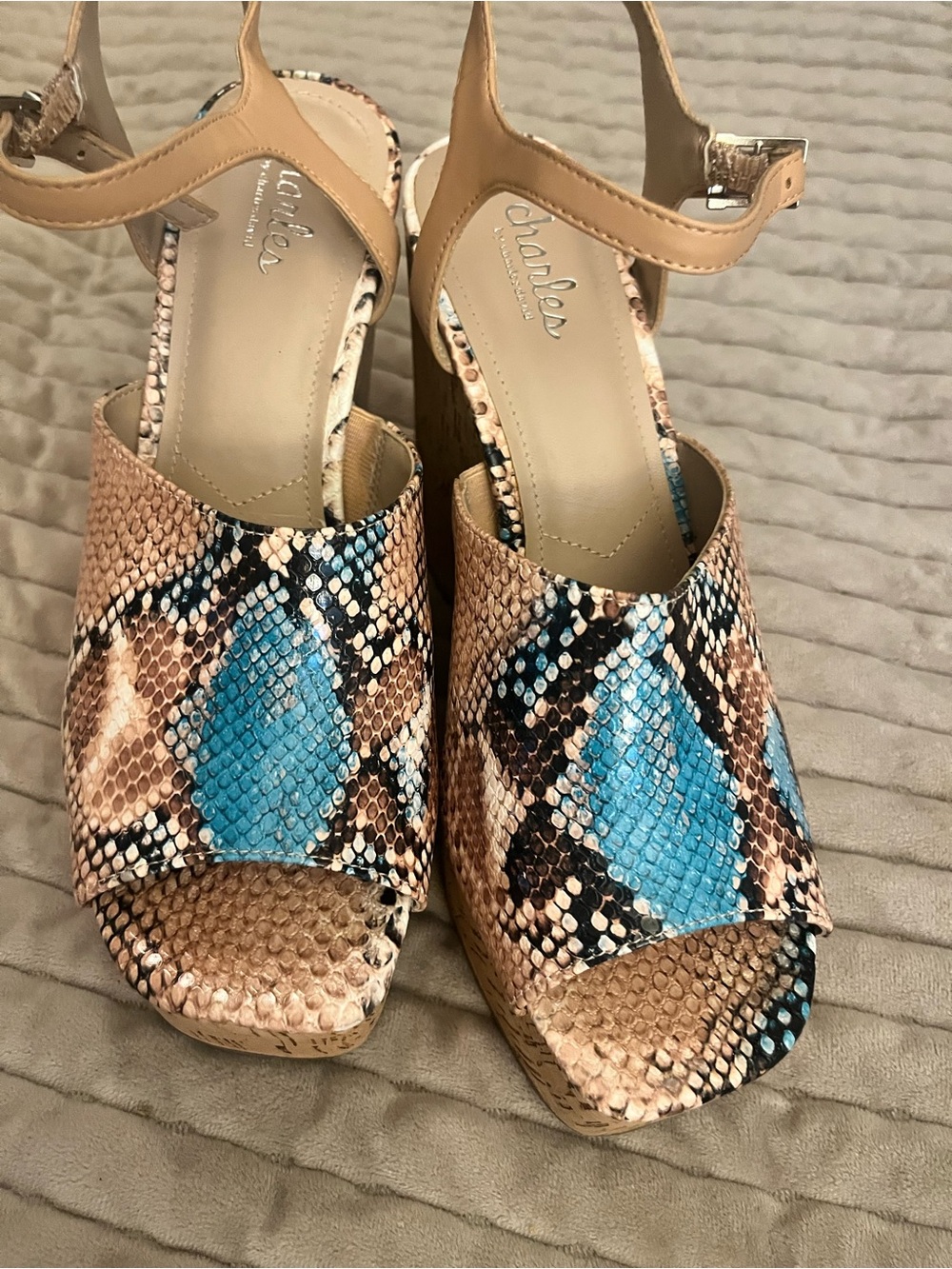 Charles by Charles David Tan & Blue Snake-Print Platform Sandals